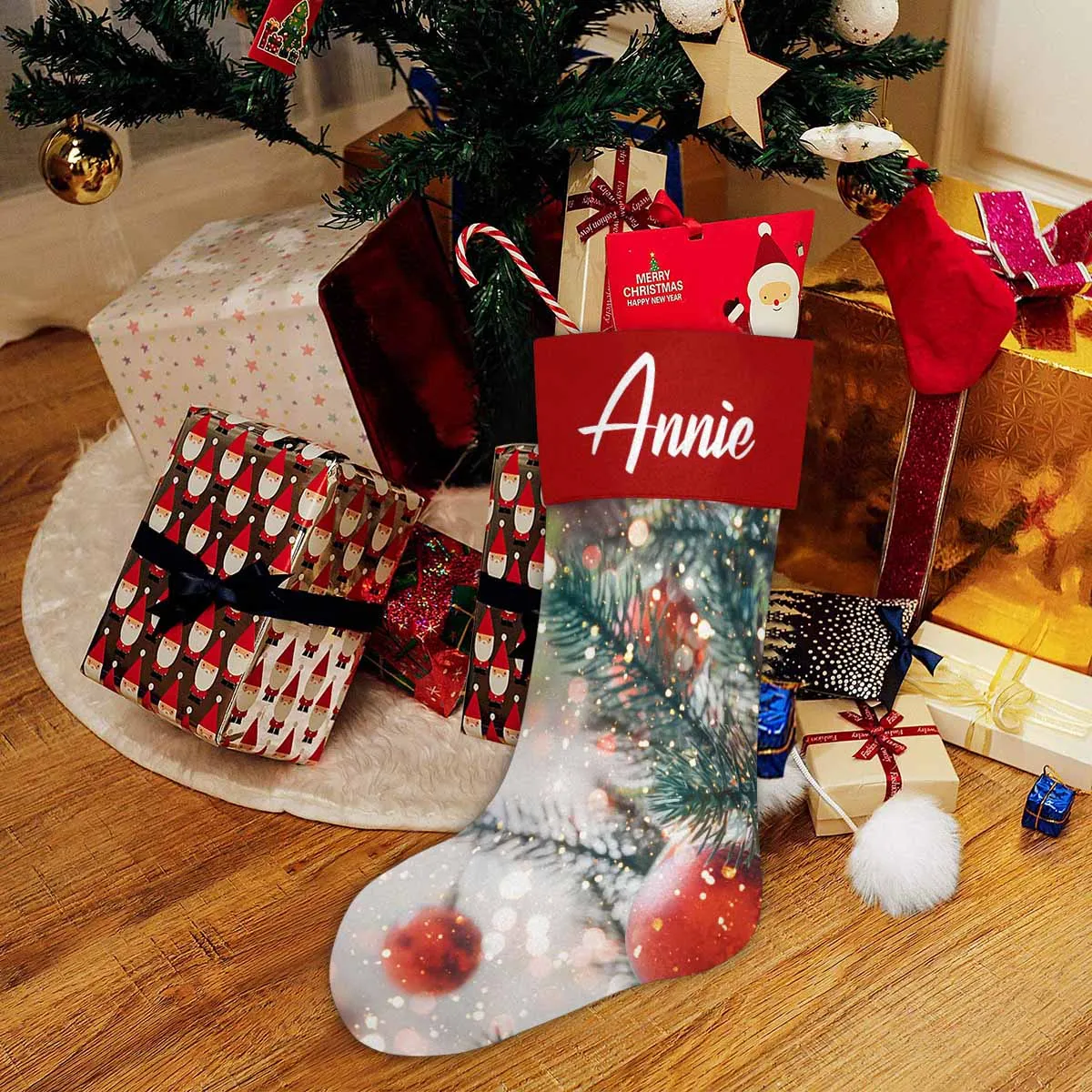 17.52in(L) Super Size-Custom Name Christmas Tree Snow Christmas Stocking