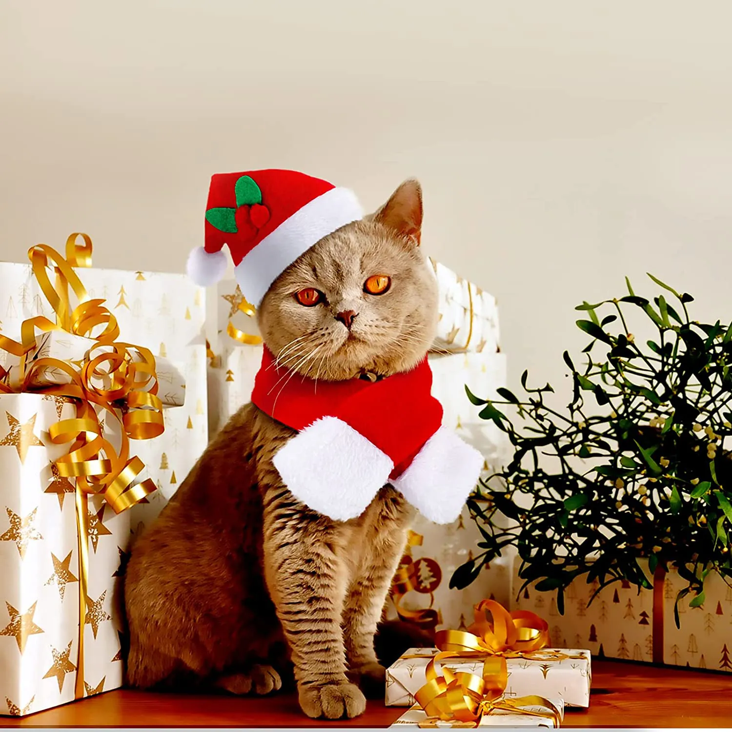 4 Pieces Christmas Cat Costumes Set Cat Santa Hats with Scarf and Collar Xmas Cat Outfit for Cats Small Dogs Puppy Tiny Pets Christmas Muffler Head Wear Accessories