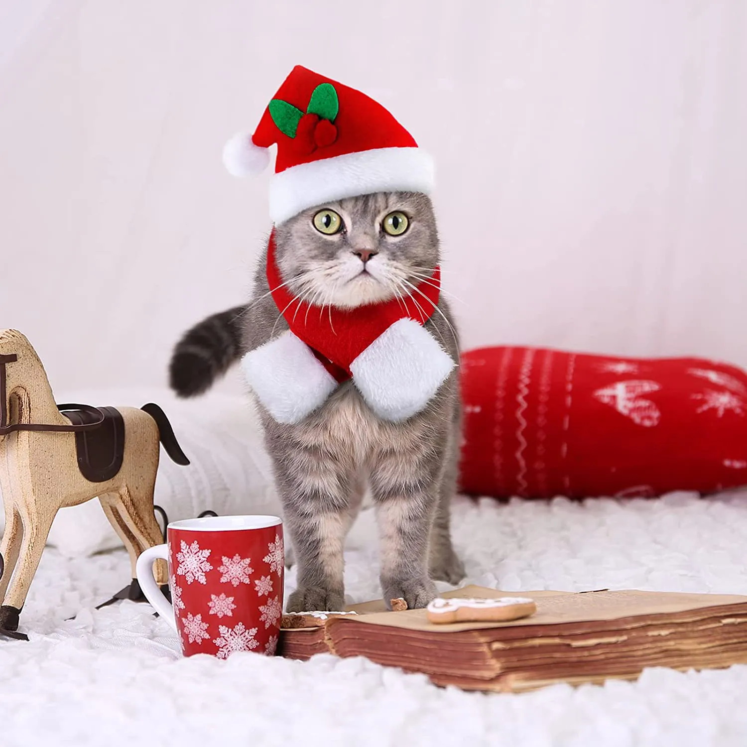 4 Pieces Christmas Cat Costumes Set Cat Santa Hats with Scarf and Collar Xmas Cat Outfit for Cats Small Dogs Puppy Tiny Pets Christmas Muffler Head Wear Accessories