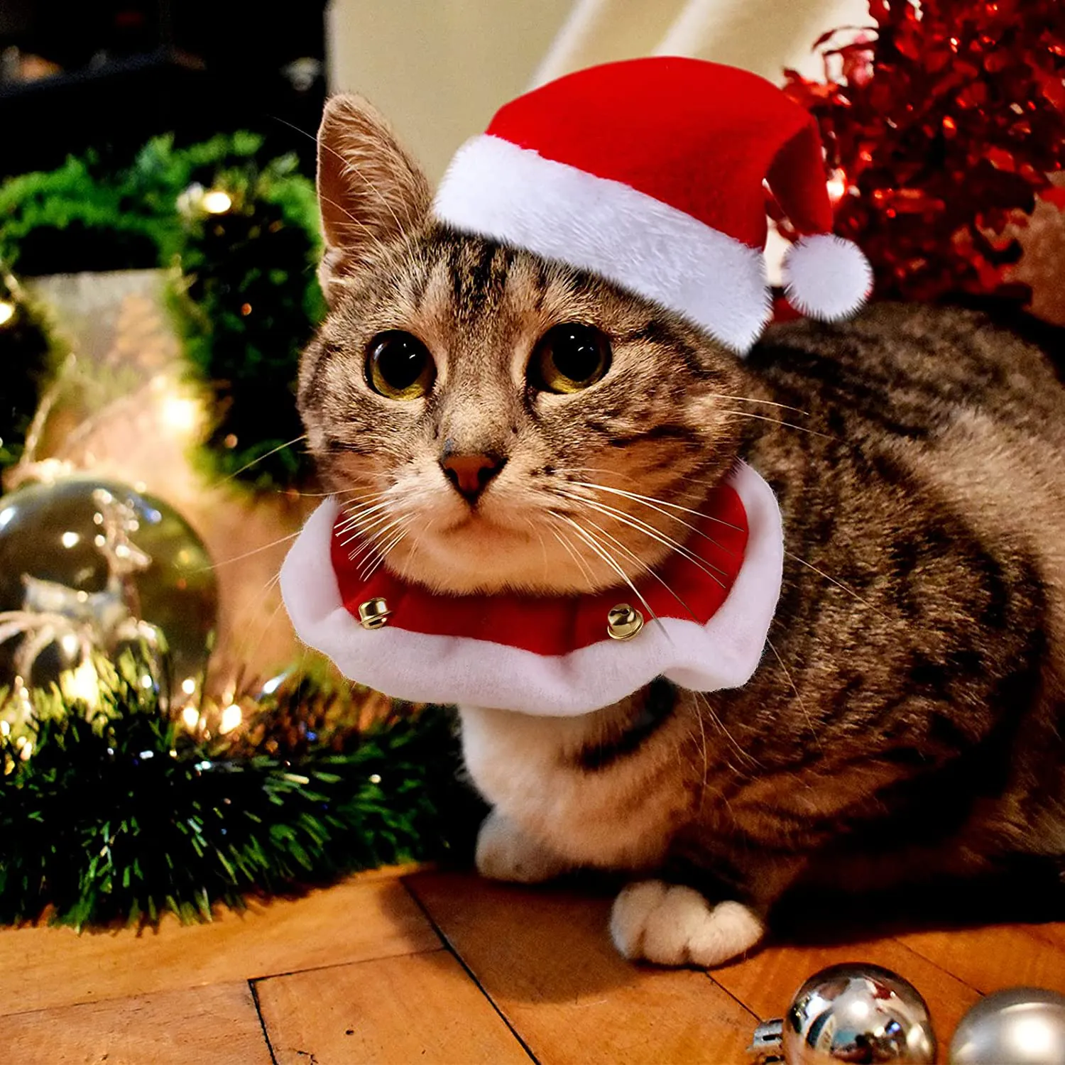 4 Pieces Christmas Cat Costumes Set Cat Santa Hats with Scarf and Collar Xmas Cat Outfit for Cats Small Dogs Puppy Tiny Pets Christmas Muffler Head Wear Accessories