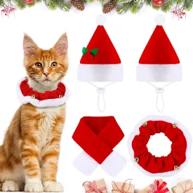 4 Pieces Christmas Cat Costumes Set Cat Santa Hats with Scarf and Collar Xmas Cat Outfit for Cats Small Dogs Puppy Tiny Pets Christmas Muffler Head Wear Accessories