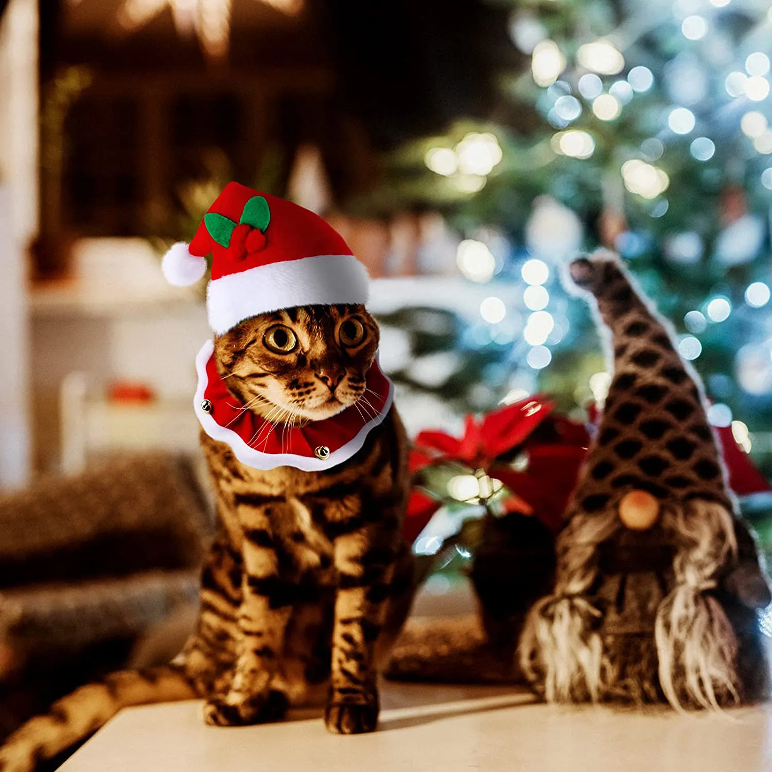 4 Pieces Christmas Cat Costumes Set Cat Santa Hats with Scarf and Collar Xmas Cat Outfit for Cats Small Dogs Puppy Tiny Pets Christmas Muffler Head Wear Accessories