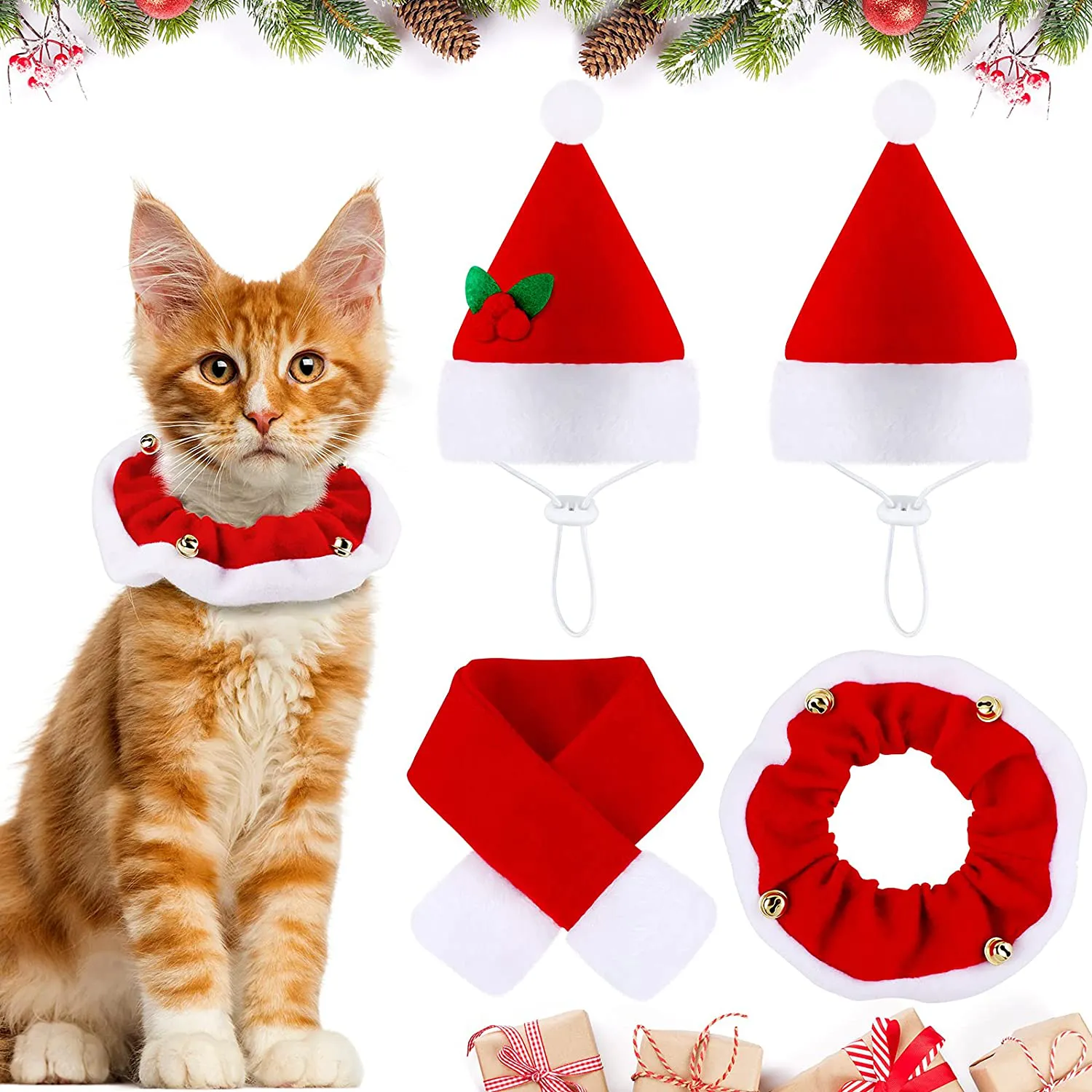 4 Pieces Christmas Cat Costumes Set Cat Santa Hats with Scarf and Collar Xmas Cat Outfit for Cats Small Dogs Puppy Tiny Pets Christmas Muffler Head Wear Accessories