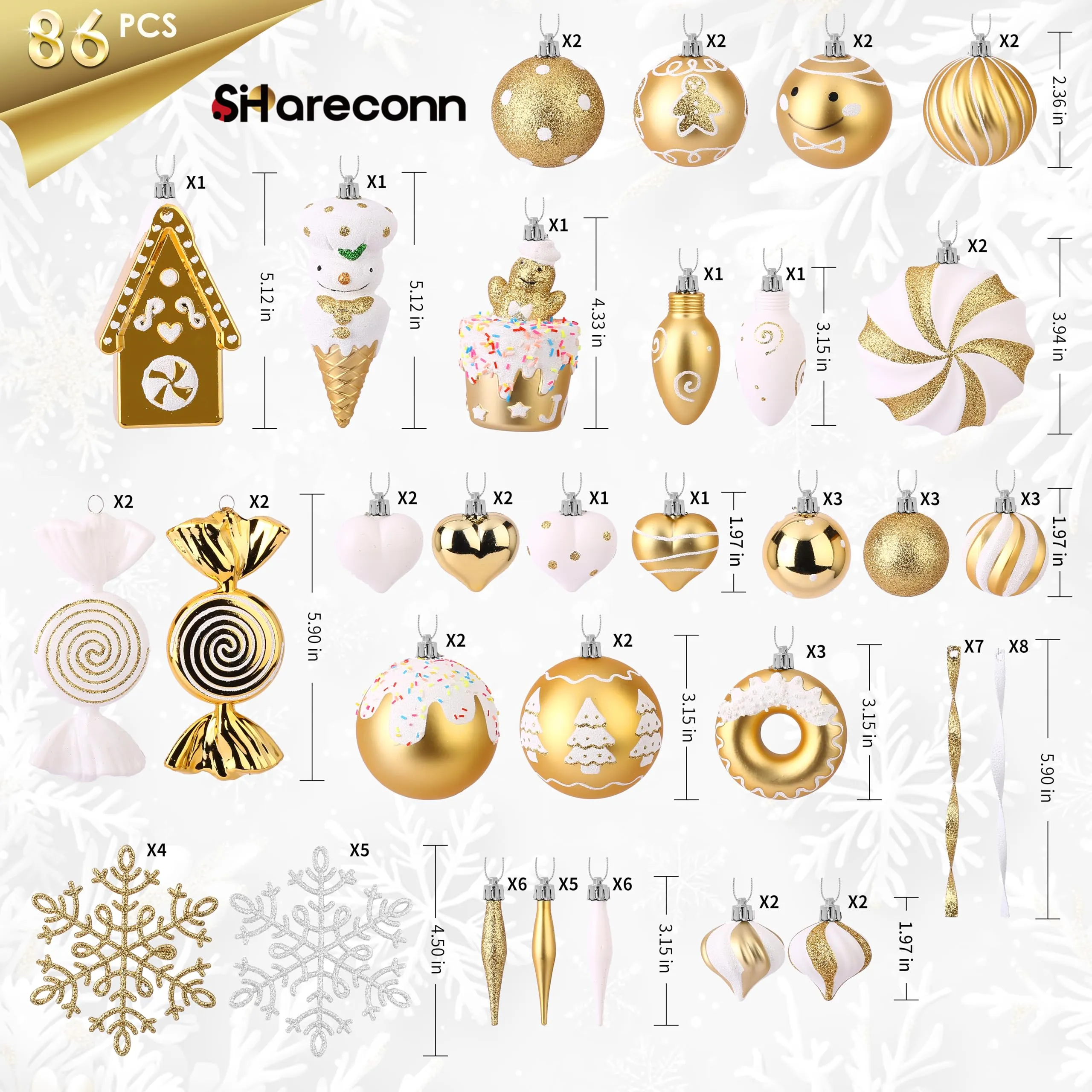 86pcs Gold & White Christmas Tree Balls Ornaments
