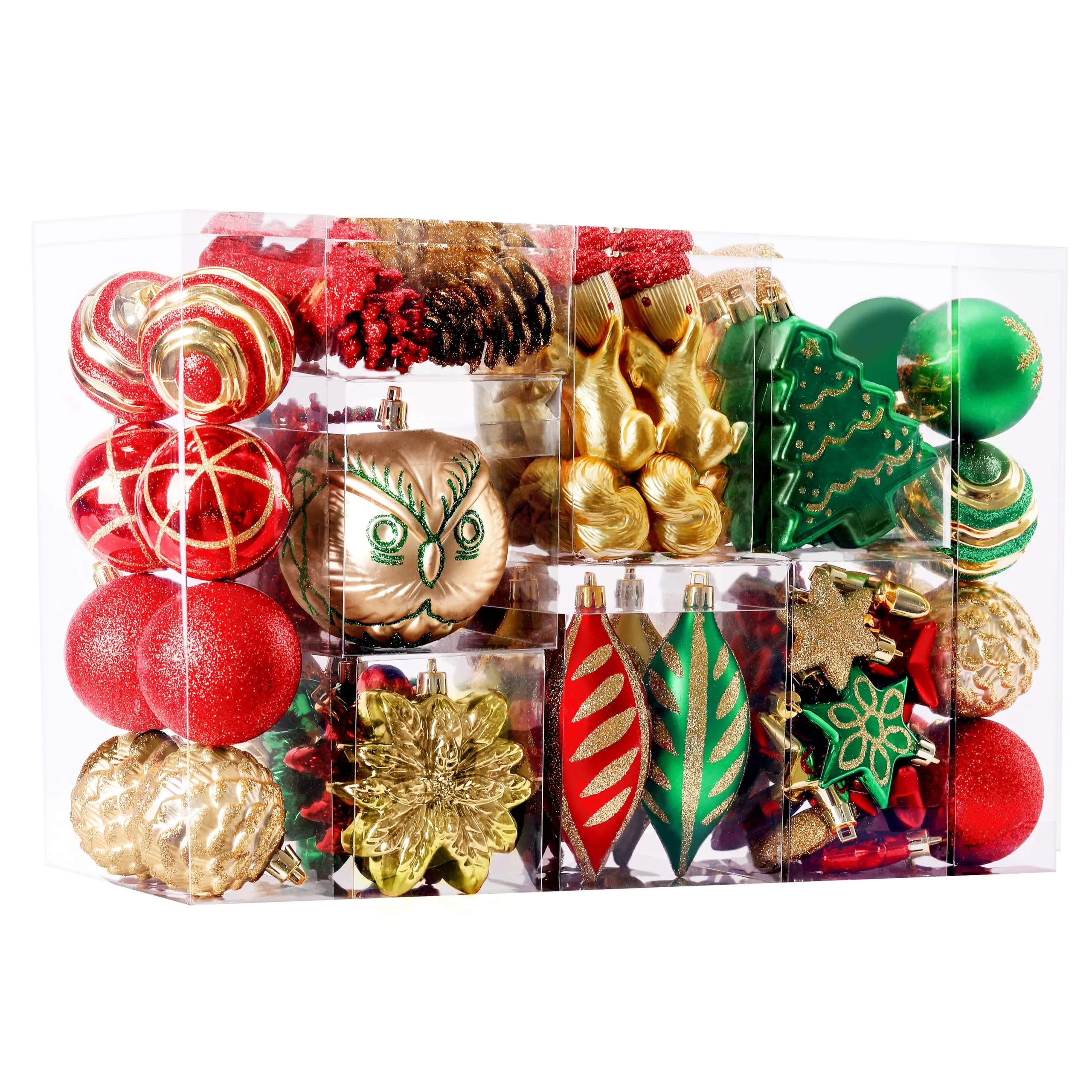 96pcs Red Green & Gold Forest Theme and Animal Designs Christmas Tree Ornaments Set