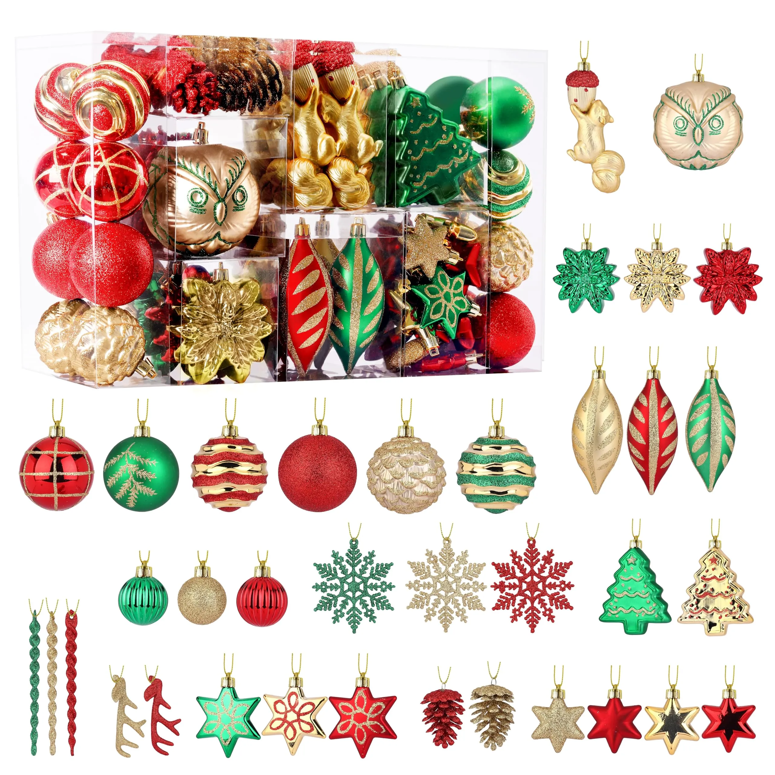 96pcs Red Green & Gold Forest Theme and Animal Designs Christmas Tree Ornaments Set
