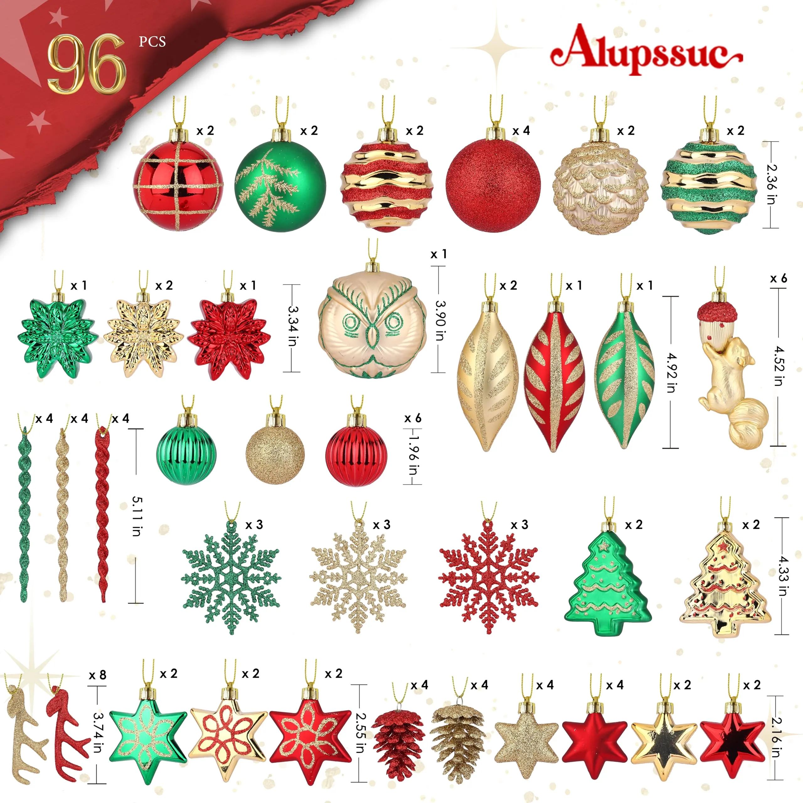 96pcs Red Green & Gold Forest Theme and Animal Designs Christmas Tree Ornaments Set