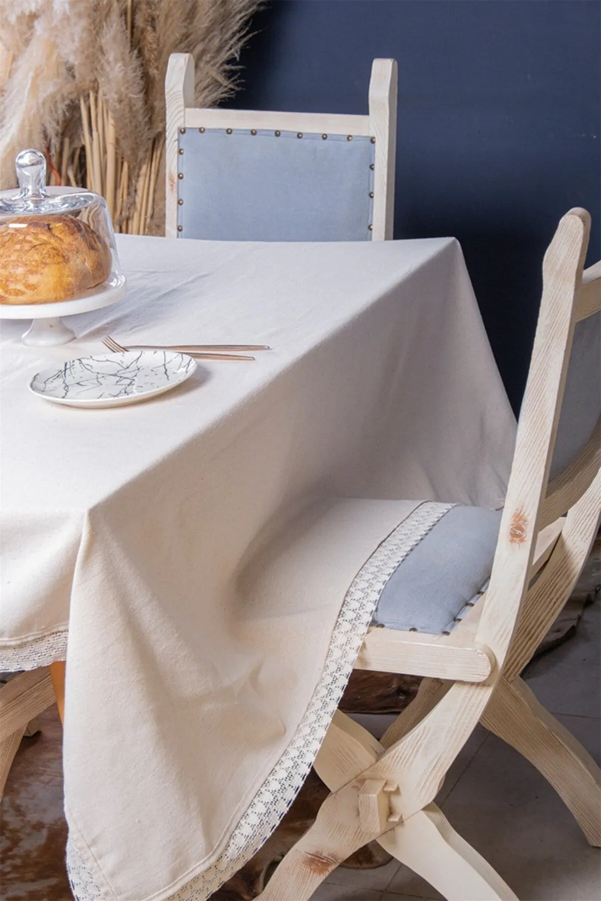 Beige Laced Pure Linen Table Cloth