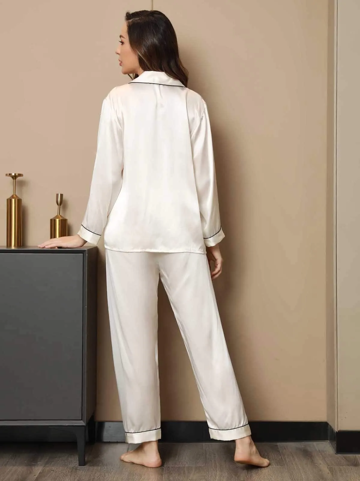 Binding Trim Long Sleeve Pure Silk Pyjamas Set