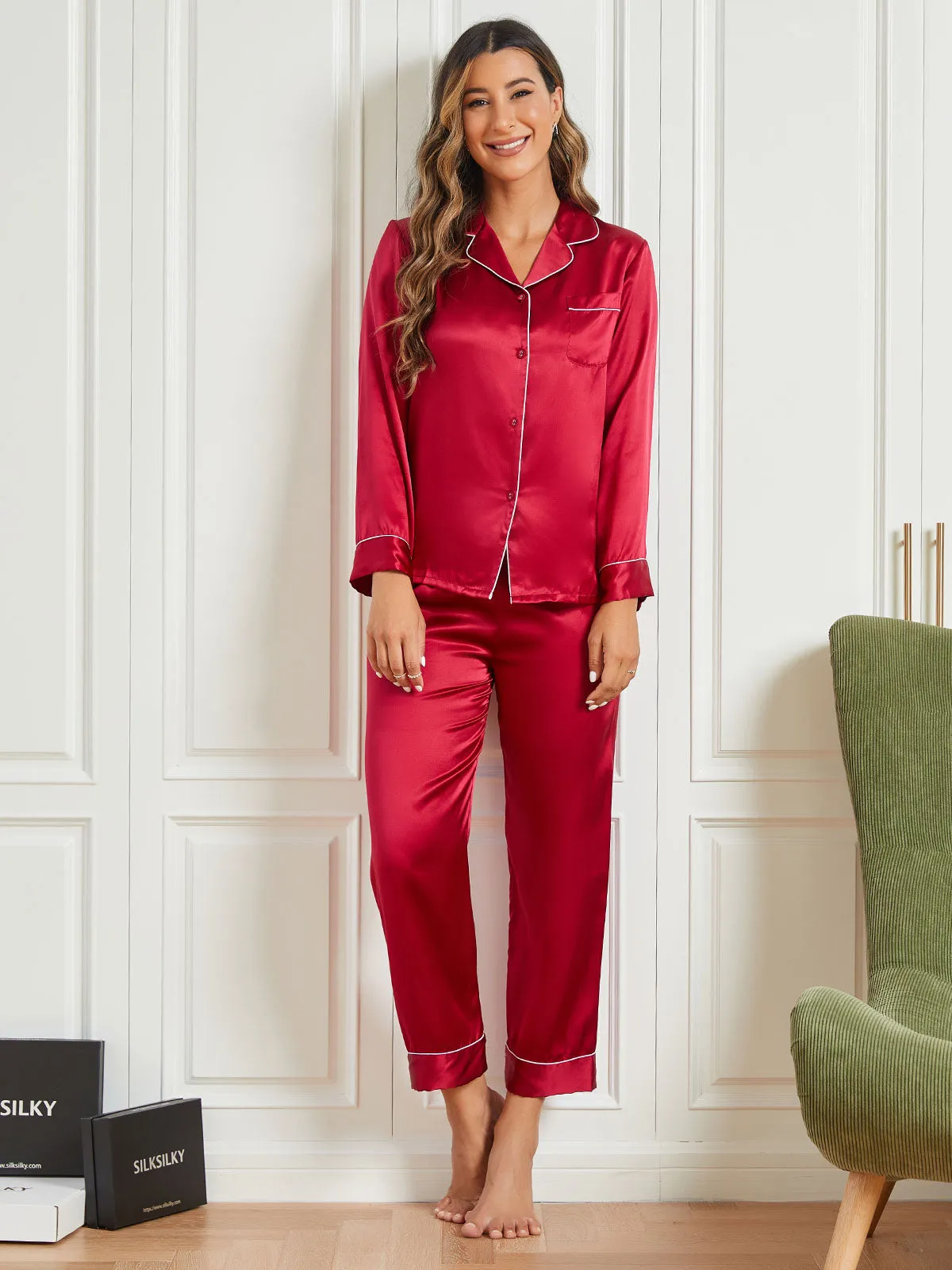 Binding Trim Long Sleeve Pure Silk Pyjamas Set