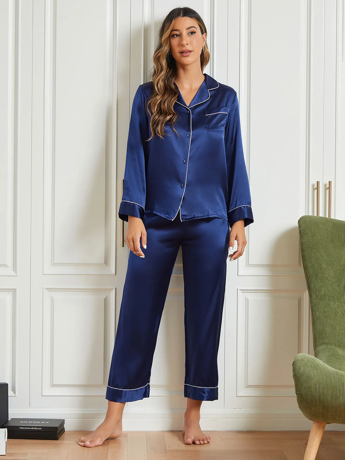 Binding Trim Long Sleeve Pure Silk Pyjamas Set