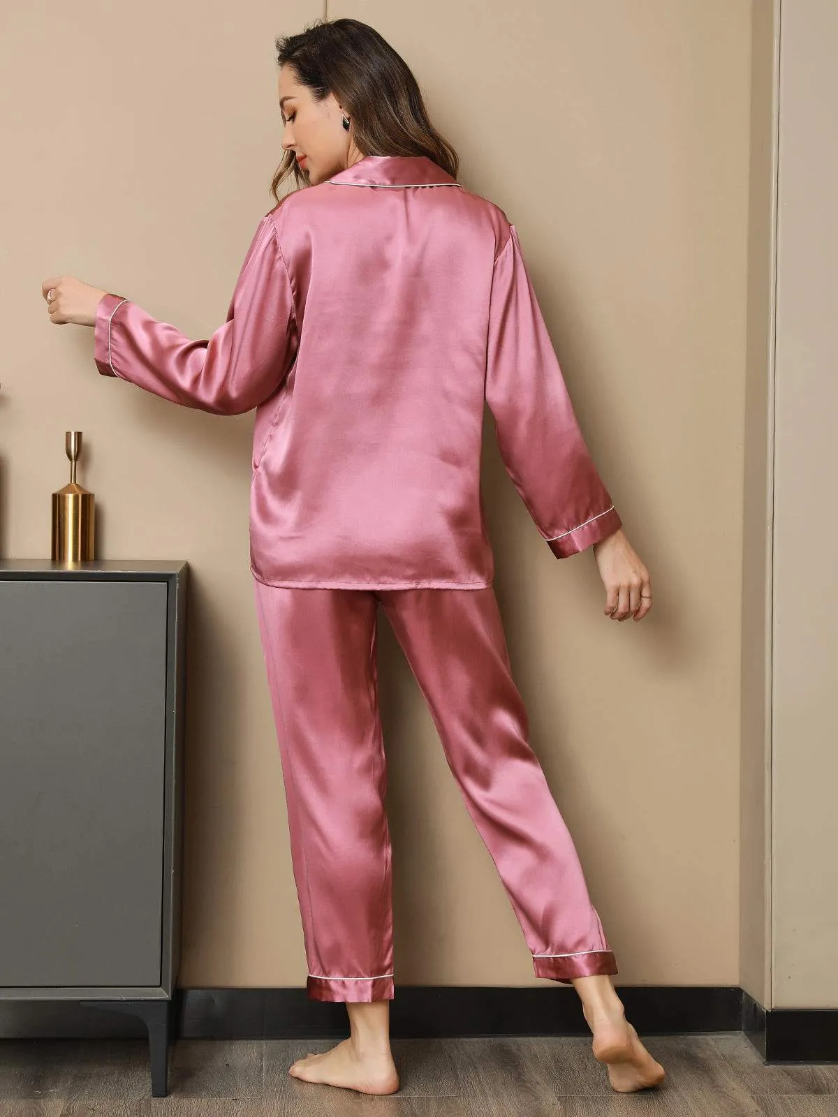 Binding Trim Long Sleeve Pure Silk Pyjamas Set