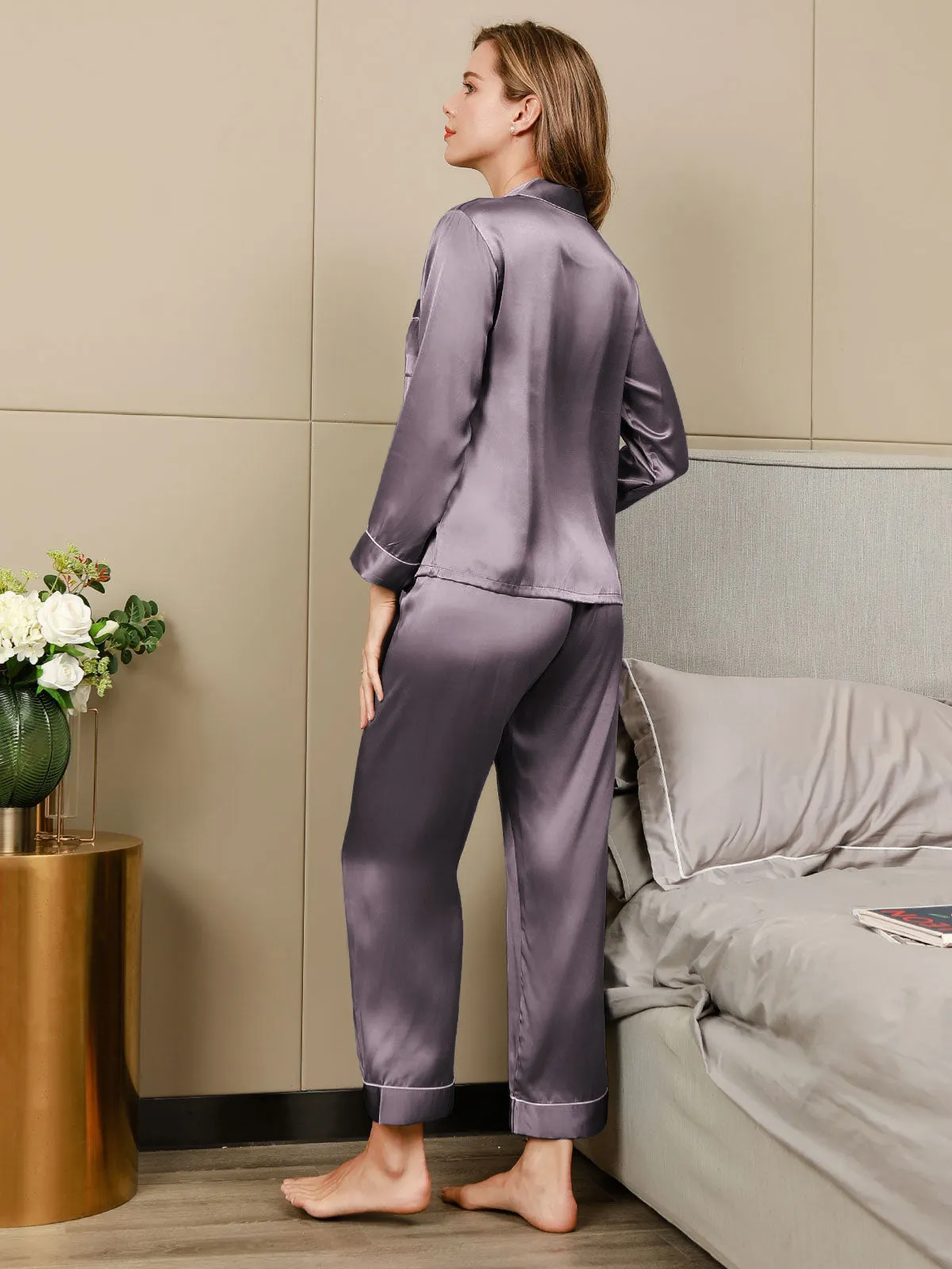 Binding Trim Long Sleeve Pure Silk Pyjamas Set