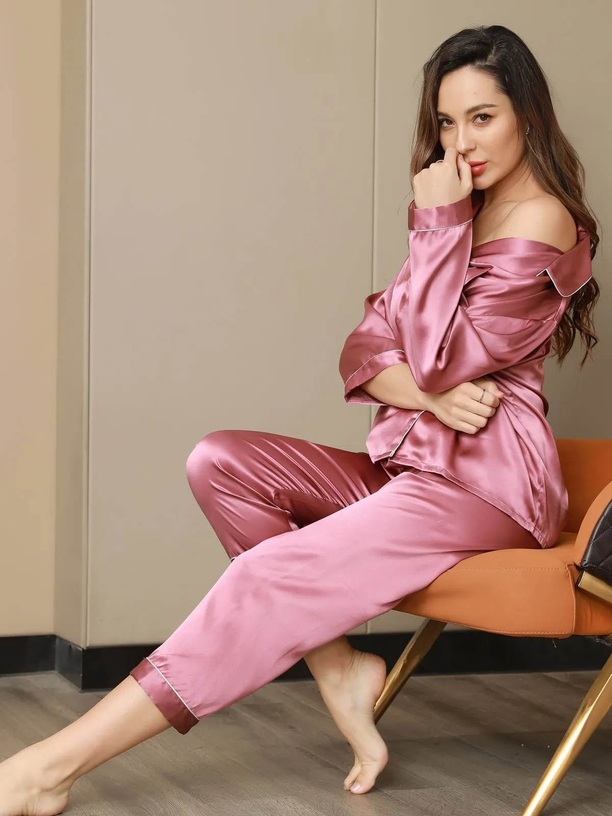 Binding Trim Long Sleeve Pure Silk Pyjamas Set