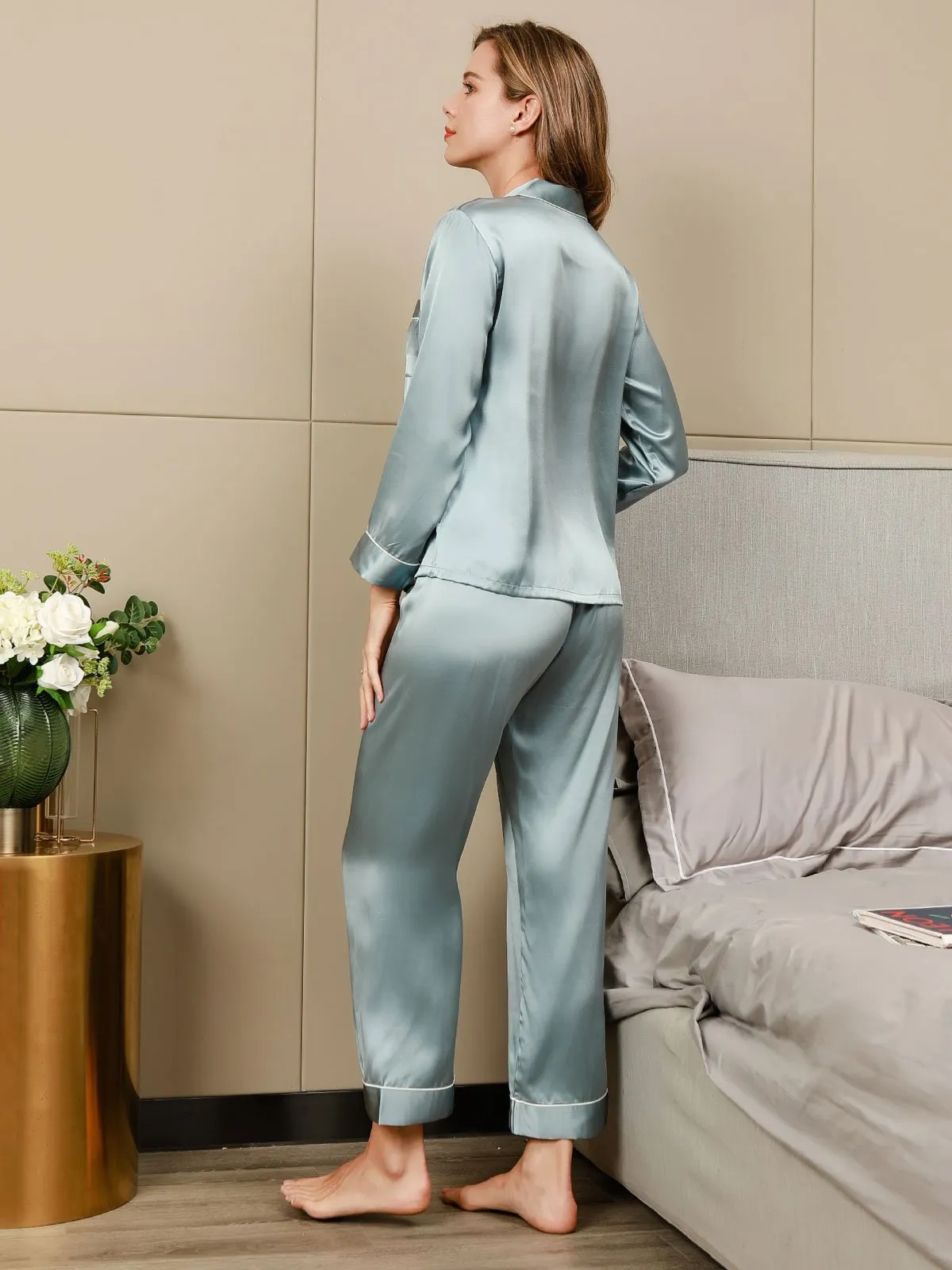 Binding Trim Long Sleeve Pure Silk Pyjamas Set