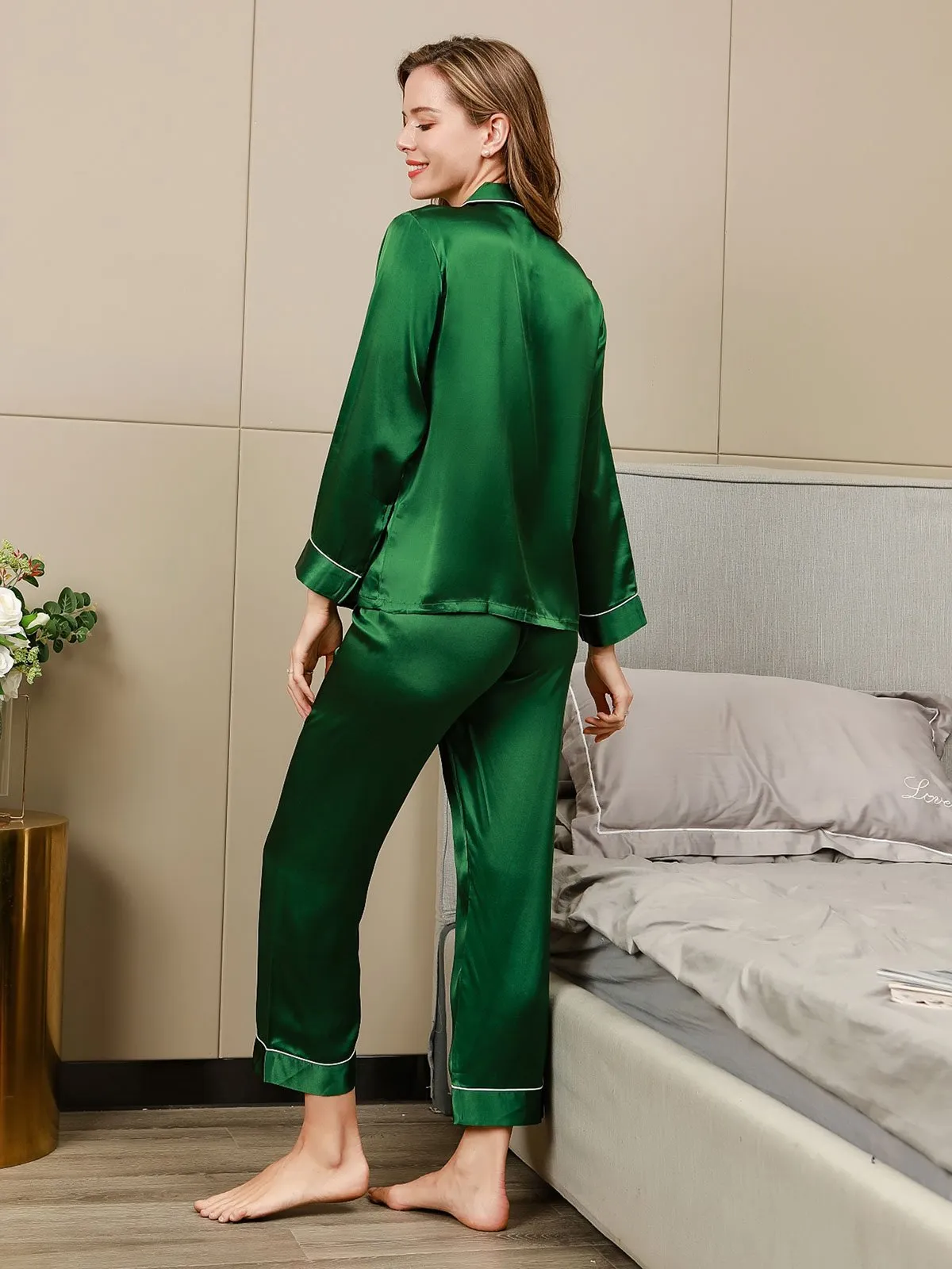 Binding Trim Long Sleeve Pure Silk Pyjamas Set