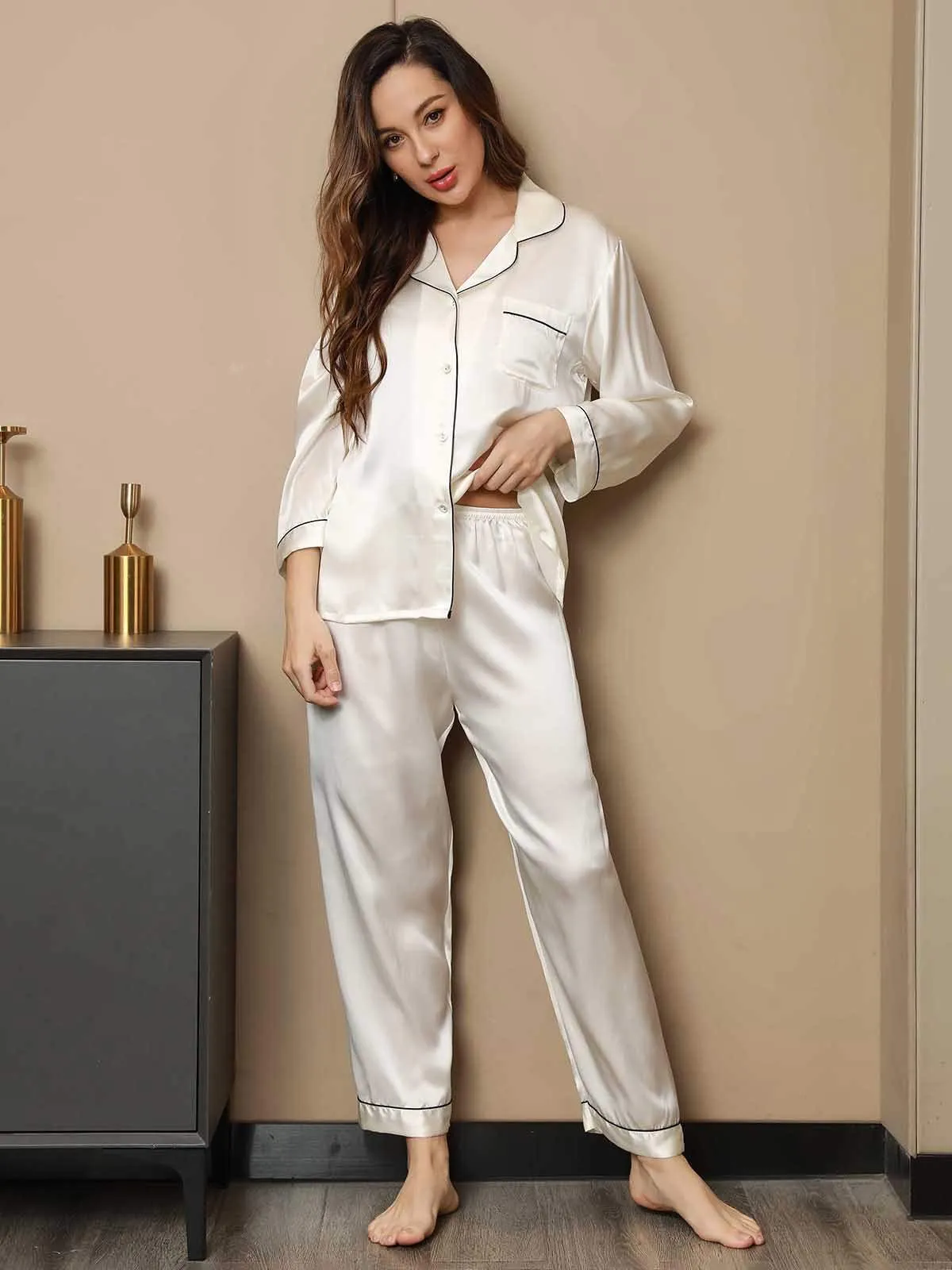 Binding Trim Long Sleeve Pure Silk Pyjamas Set