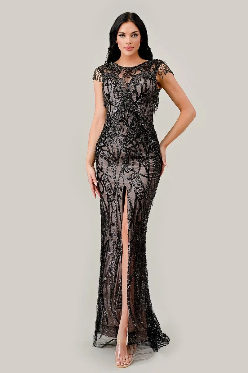 Black Nude Sheath Embroidered Sequin Long Mother Of The Bride Dress CDCC4007