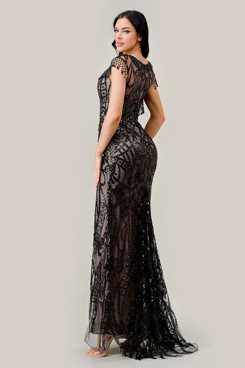 Black Nude Sheath Embroidered Sequin Long Mother Of The Bride Dress CDCC4007