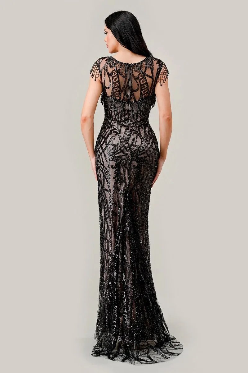 Black Nude Sheath Embroidered Sequin Long Mother Of The Bride Dress CDCC4007