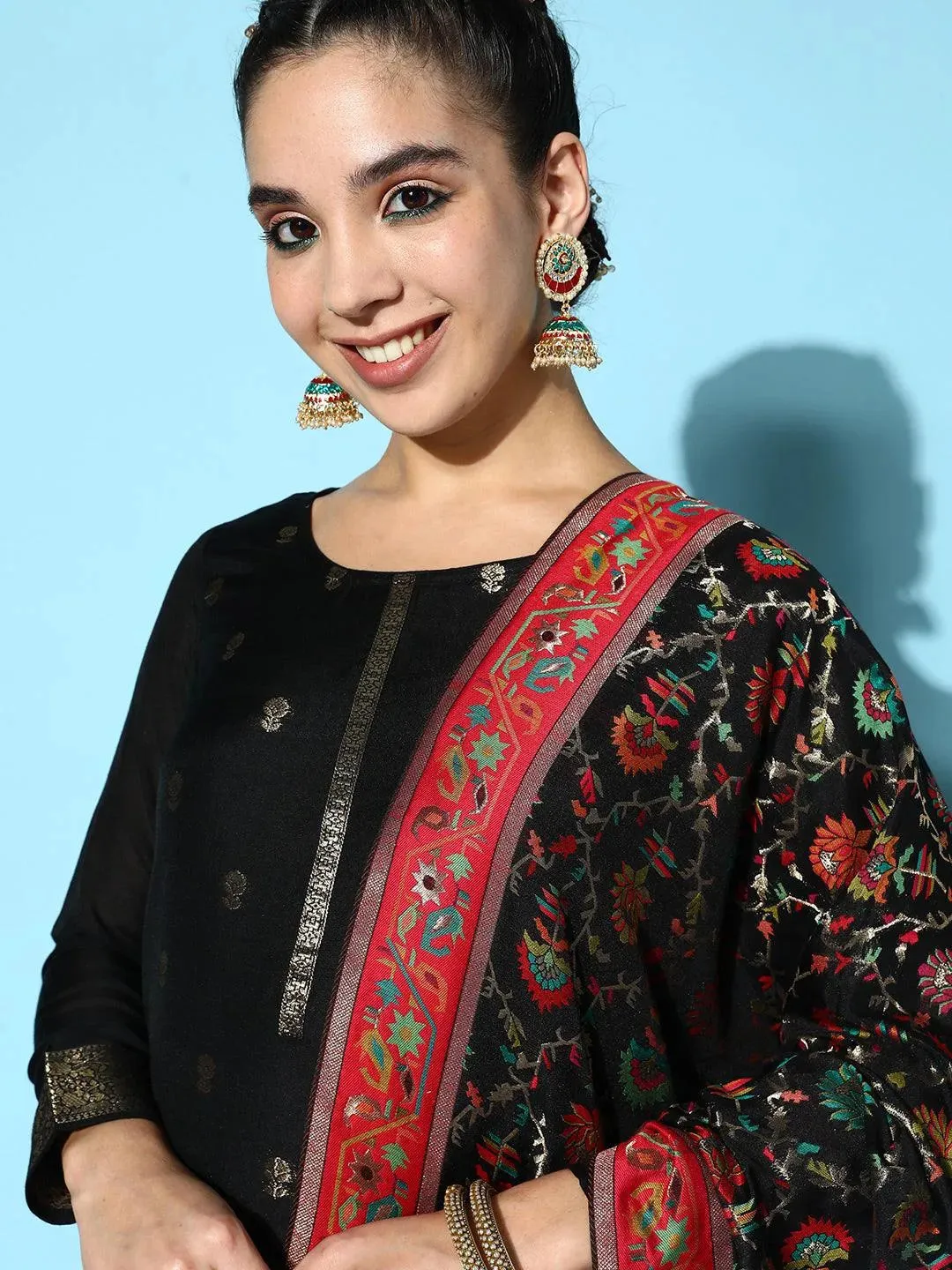 Black Self Design Silk Blend Straight Kurta With Dupatta