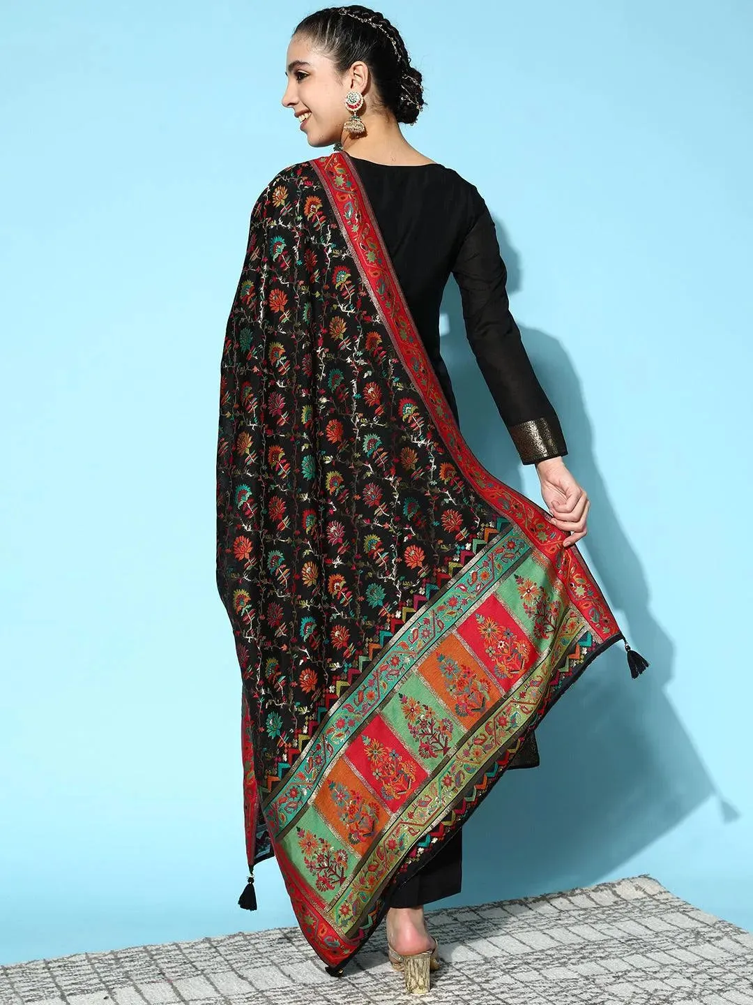 Black Self Design Silk Blend Straight Kurta With Dupatta
