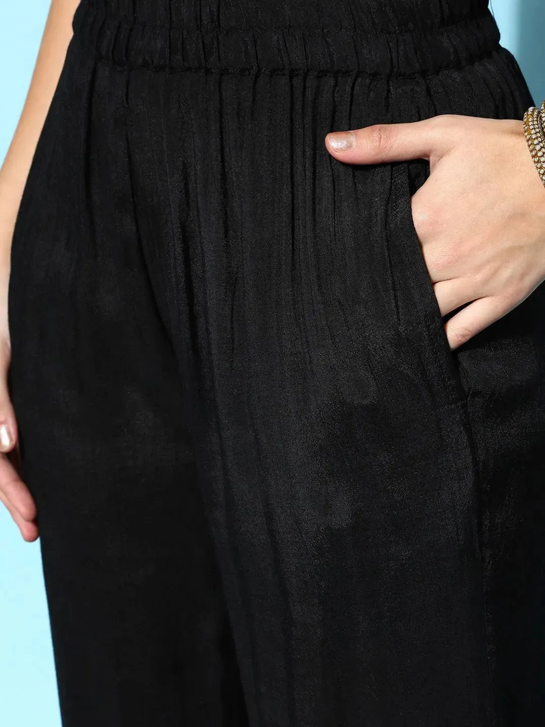 Black Self Design Silk Blend Straight Kurta With Dupatta