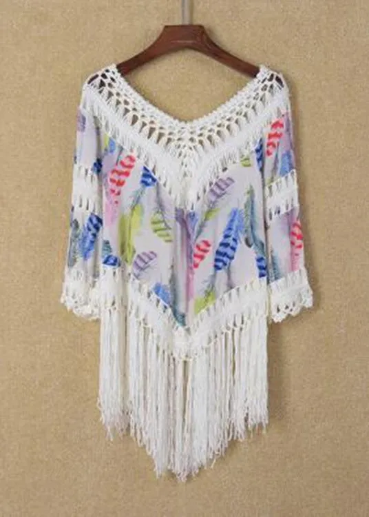 Boho Orange Print Tasseled Patchwork Bikini Beach Cover Up VC034