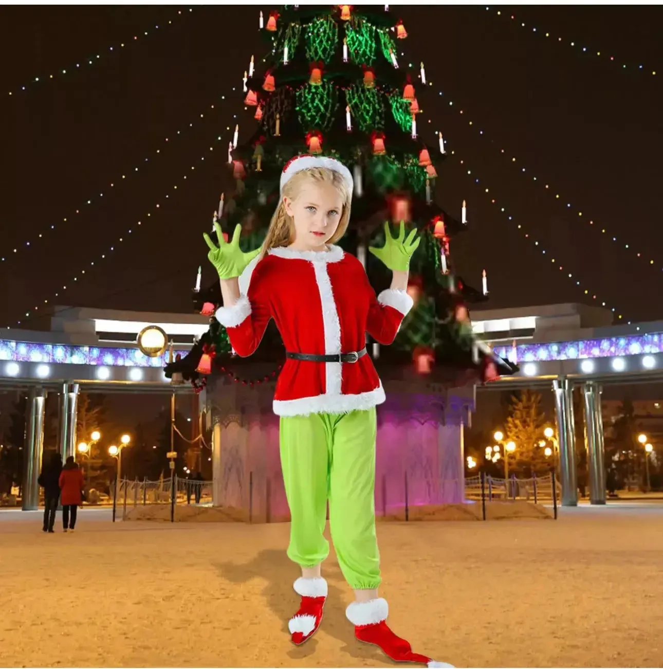 Children Grinch Suit Party Costume Play Mask Xmas Santa Outfit Dress Hat 7 pcs