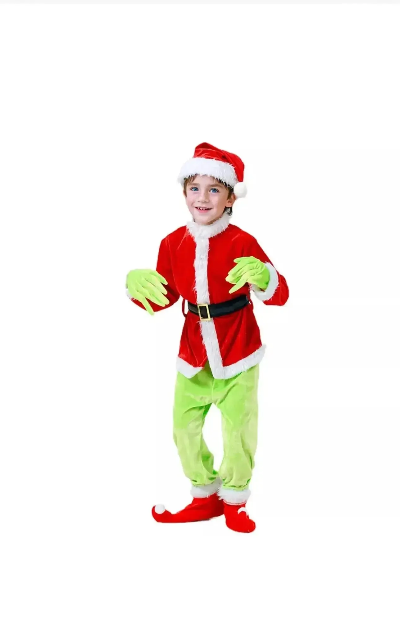 Children Grinch Suit Party Costume Play Mask Xmas Santa Outfit Dress Hat 7 pcs