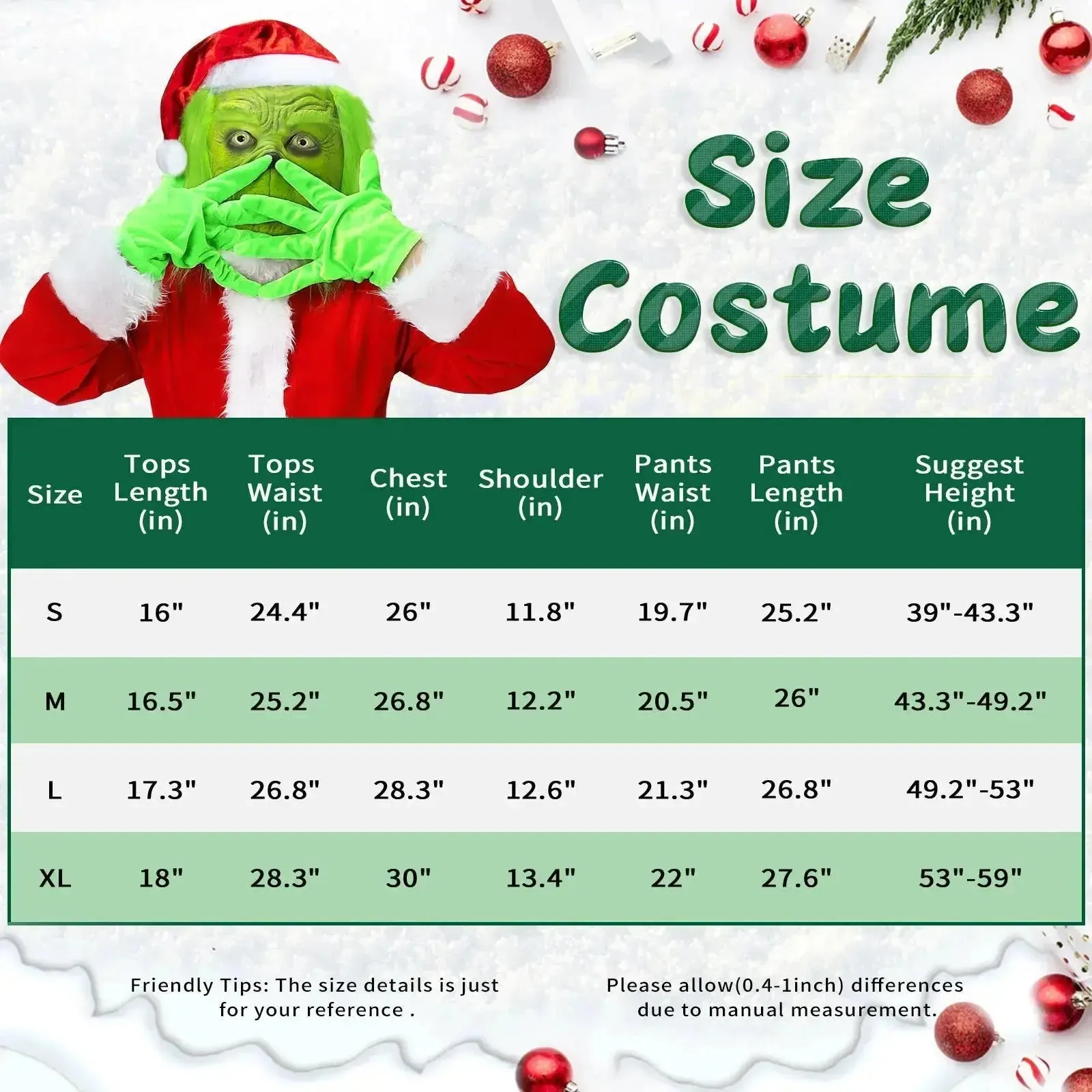 Children Grinch Suit Party Costume Play Mask Xmas Santa Outfit Dress Hat 7 pcs