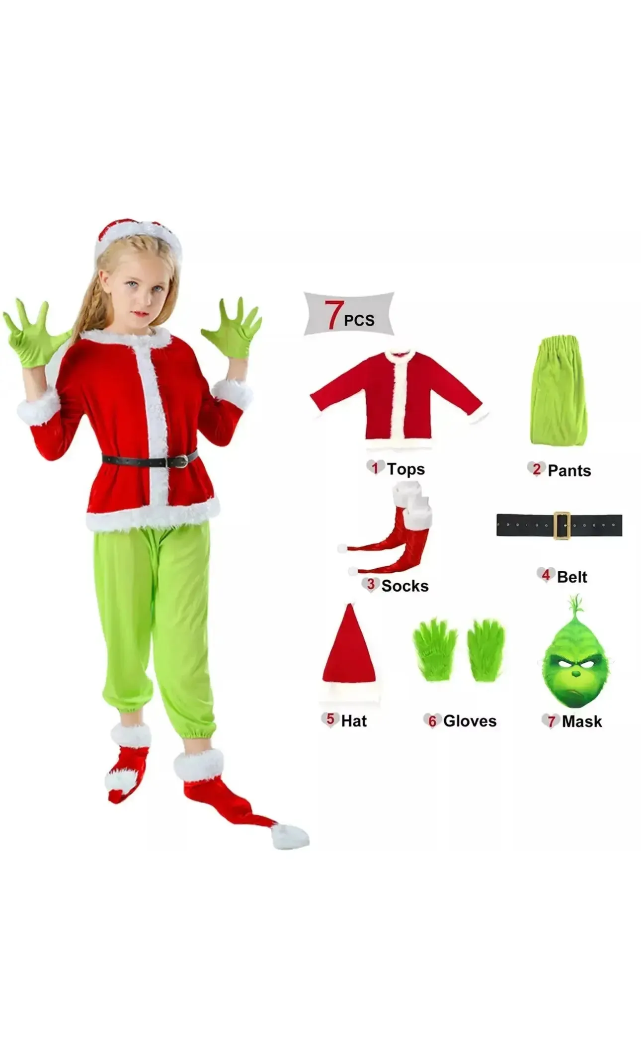 Children Grinch Suit Party Costume Play Mask Xmas Santa Outfit Dress Hat 7 pcs
