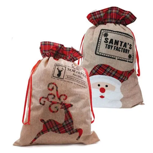 Christmas Hessian Style Sack - Assorted Festive Holiday Gift Bag Storage Decoration