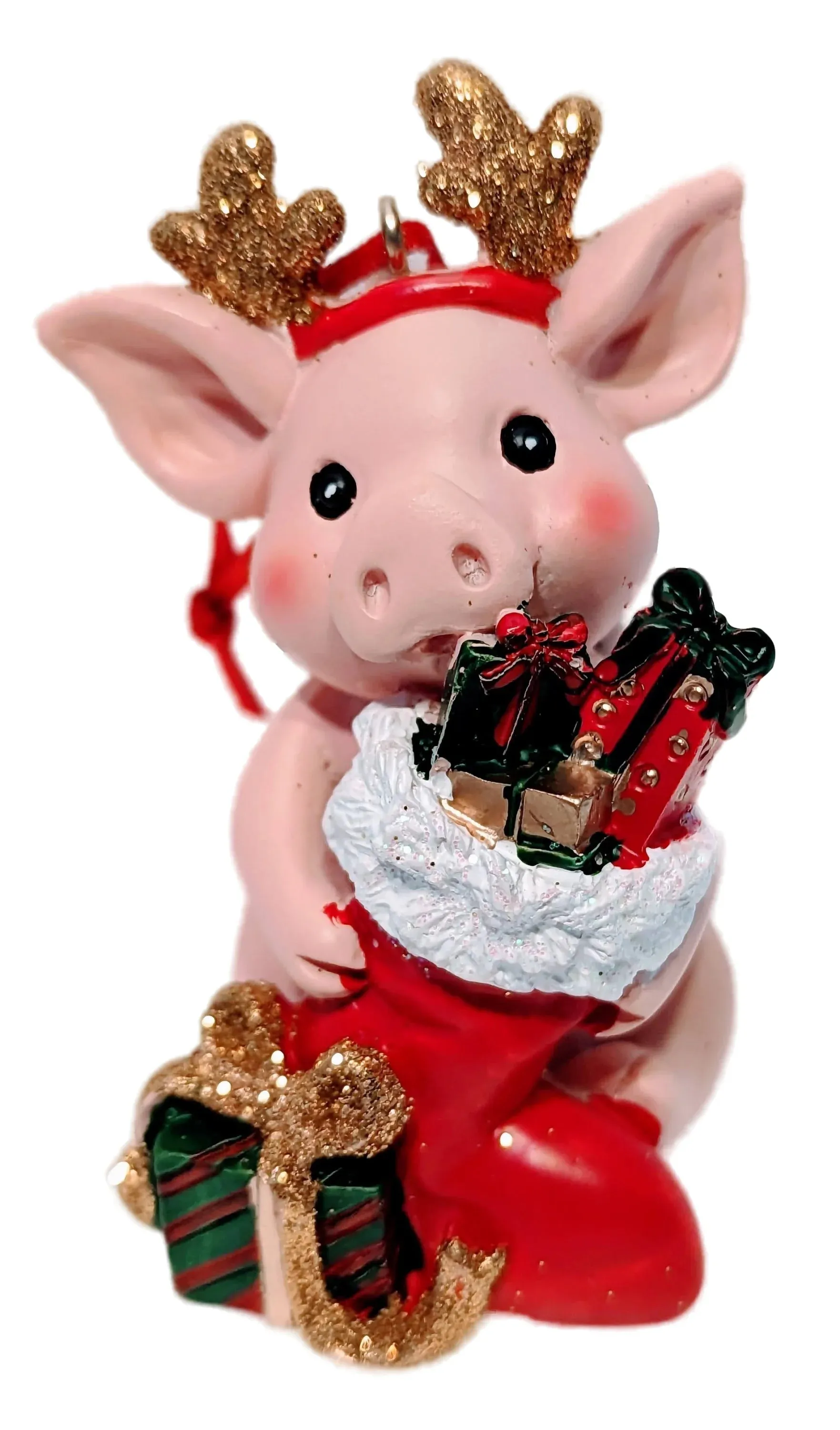 Christmas Pig Ornament Holding Red Stocking with Christmas Gifts