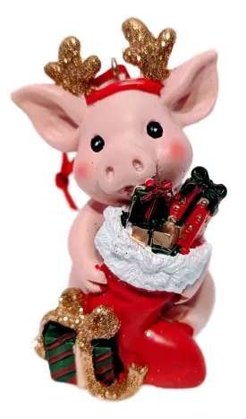 Christmas Pig Ornament Holding Red Stocking with Christmas Gifts