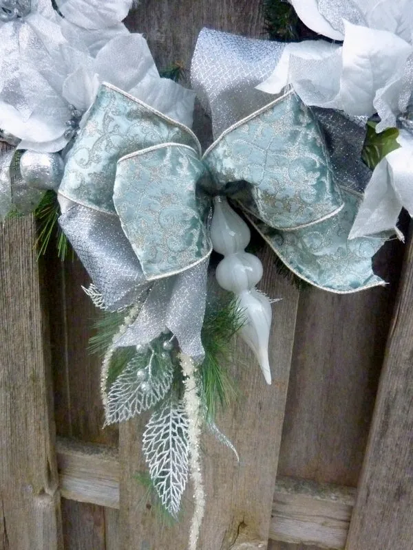 Christmas Wreath, Blue, Silver and white Christmas wreath, Designer Wreaths with D Stevens Ribbon