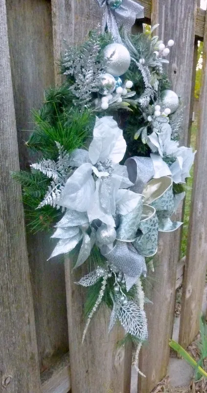 Christmas Wreath, Blue, Silver and white Christmas wreath, Designer Wreaths with D Stevens Ribbon