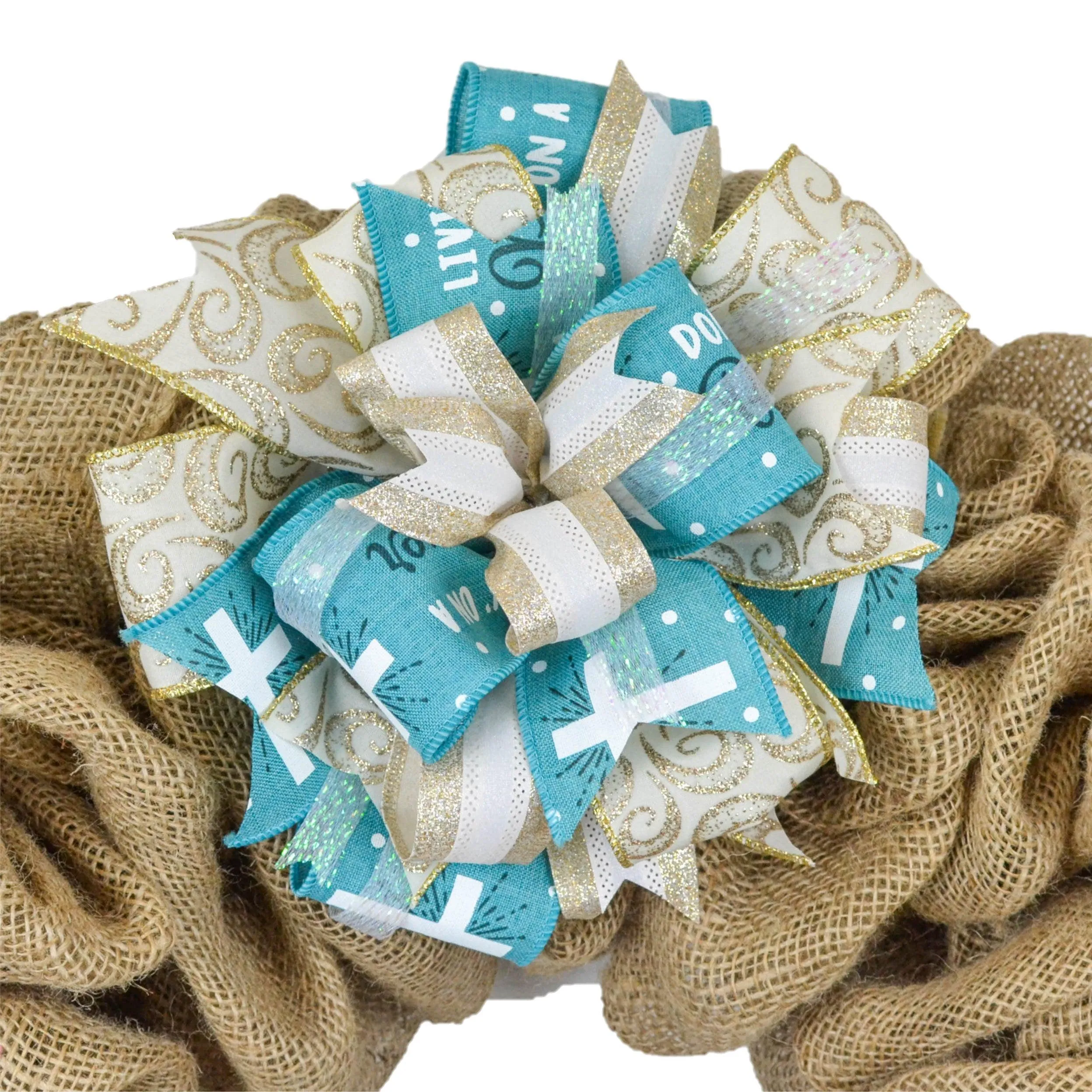 Easter Cross Aqua Gold Lantern Wreath Bow - Burlap Wreath Embellishment for Making Your Own - Layered Full Handmade Farmhouse Already Made (Jesus Cross (Aqua/White/Champagne Gold))