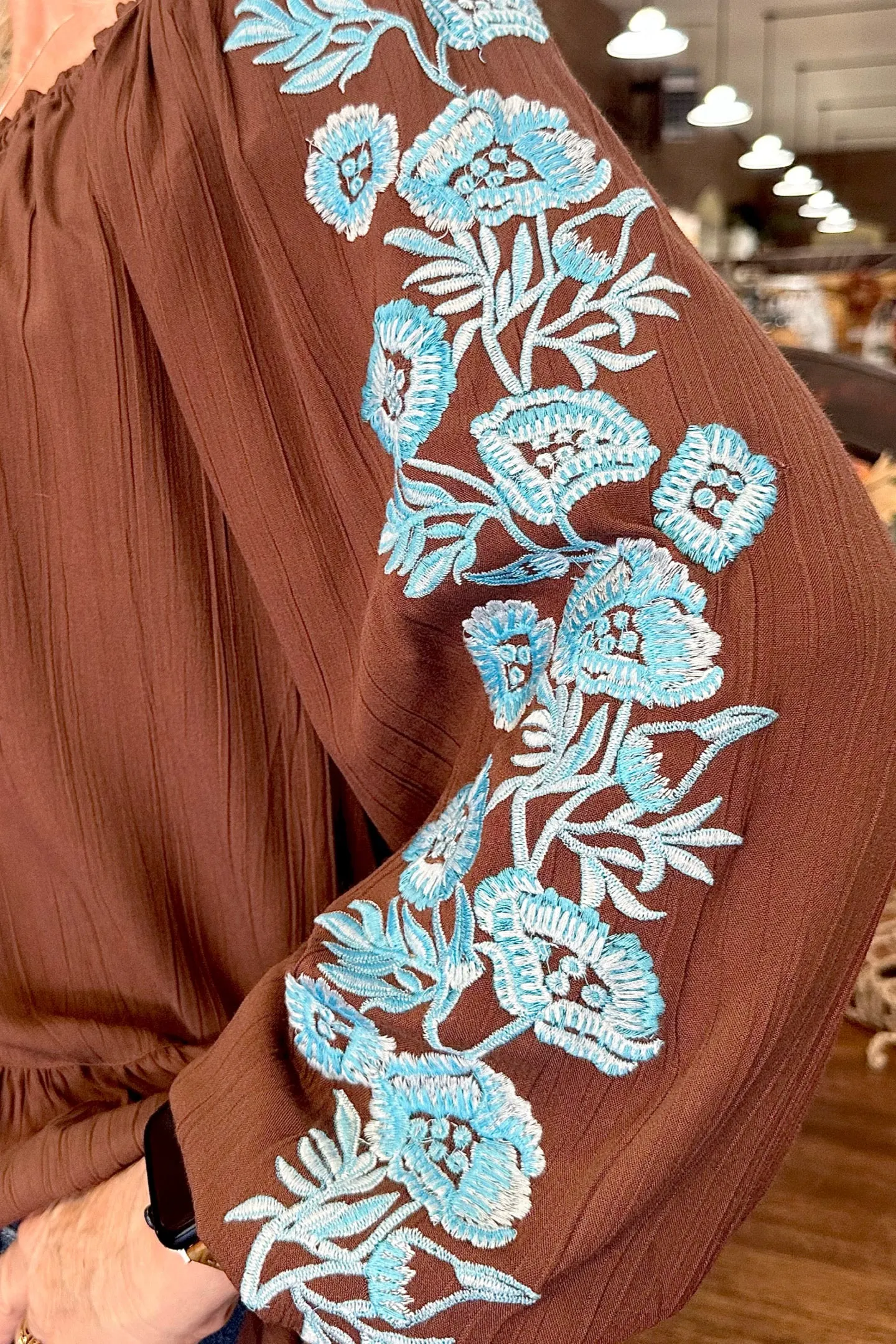 Floral Embroidered Top with Tasseled Tie