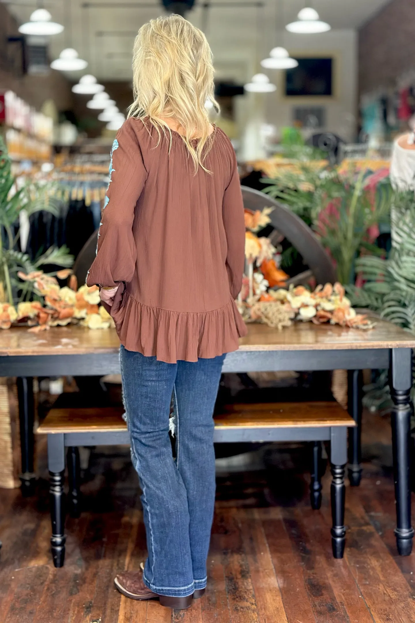 Floral Embroidered Top with Tasseled Tie