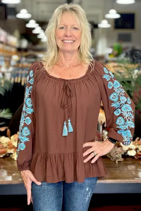 Floral Embroidered Top with Tasseled Tie