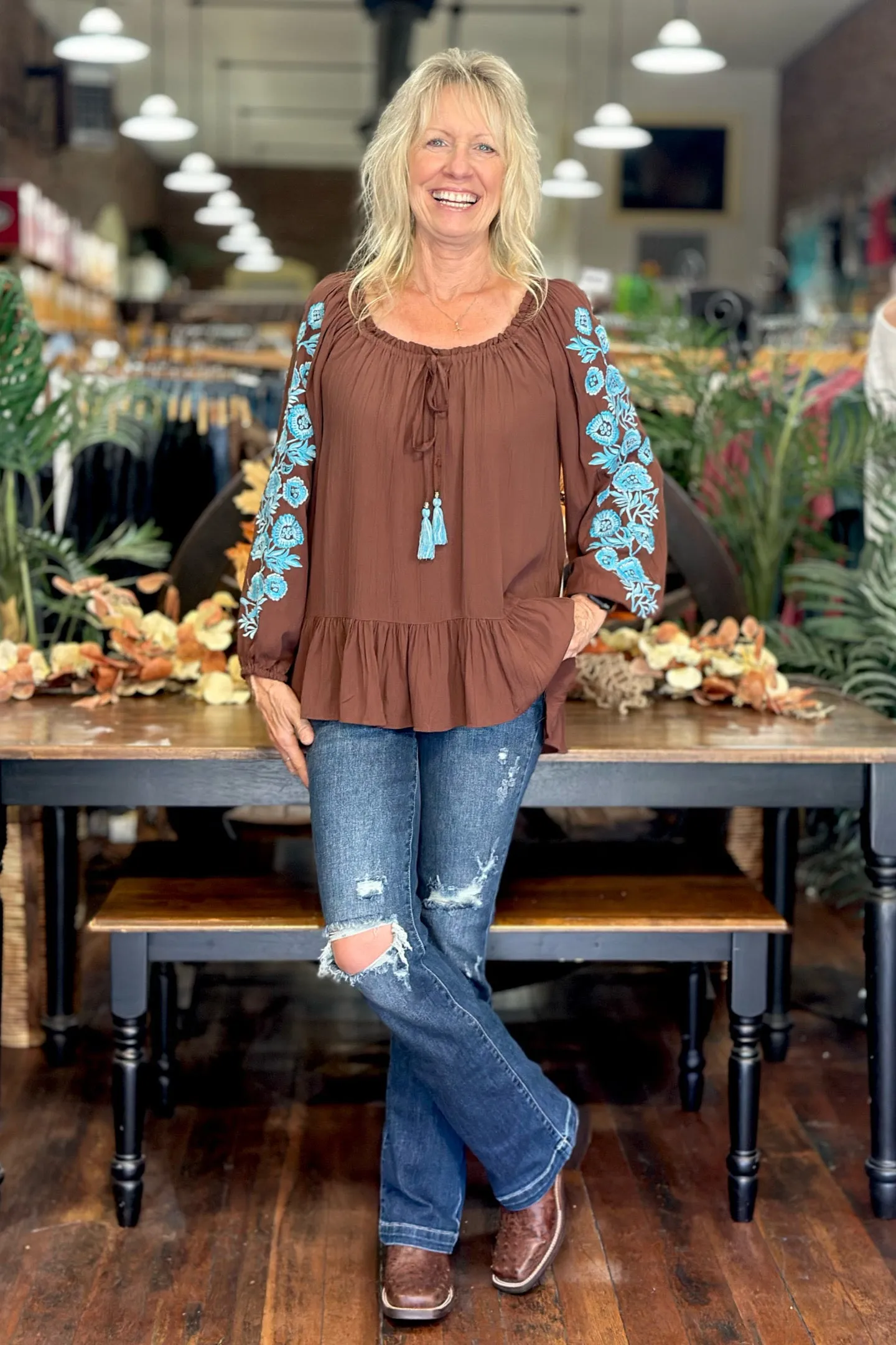 Floral Embroidered Top with Tasseled Tie