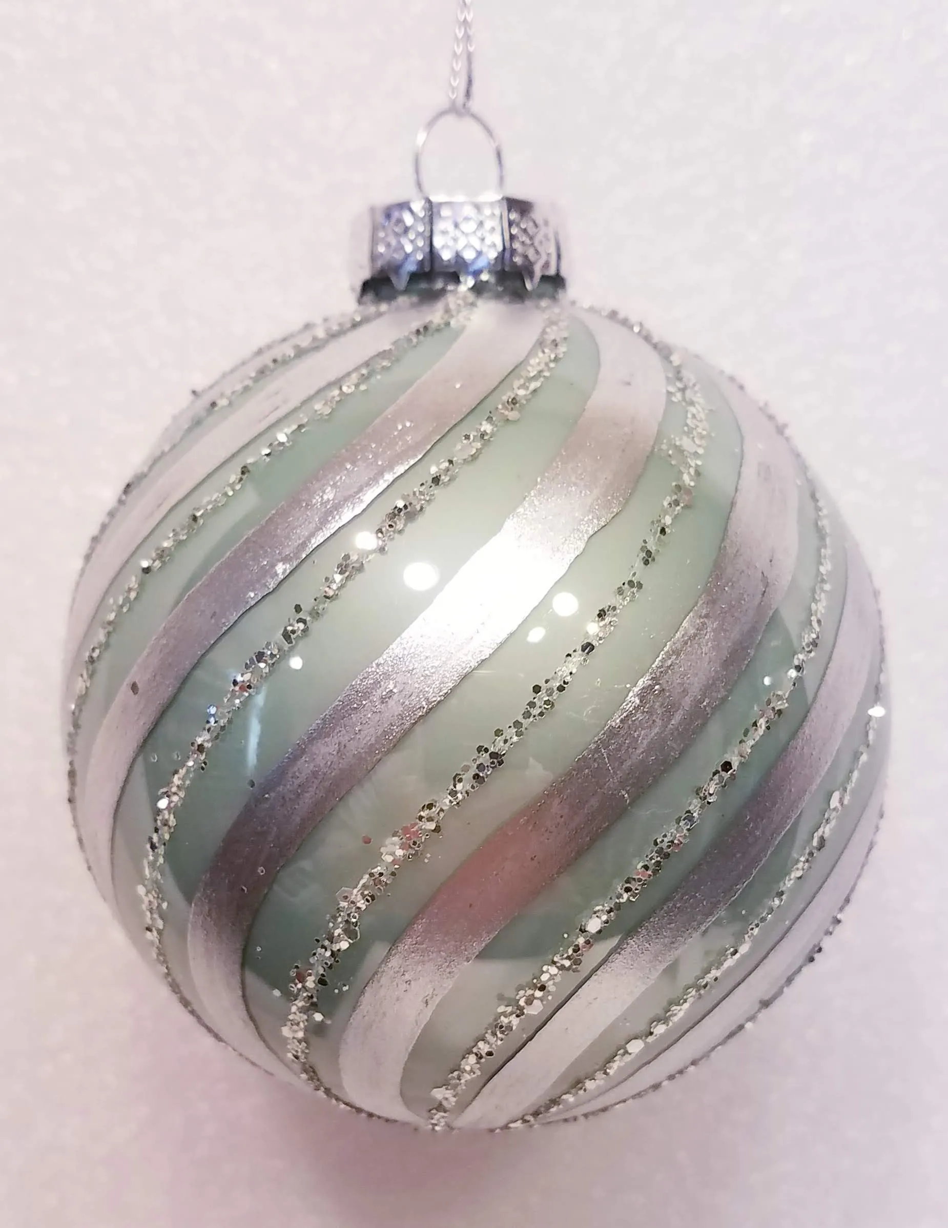 Glass Silver and Pale Aqua Embellished Glass Ball Ornaments