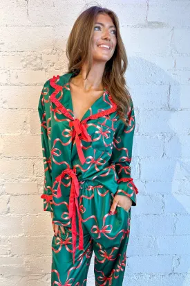 Holiday Bow Print Silky Pajama Top