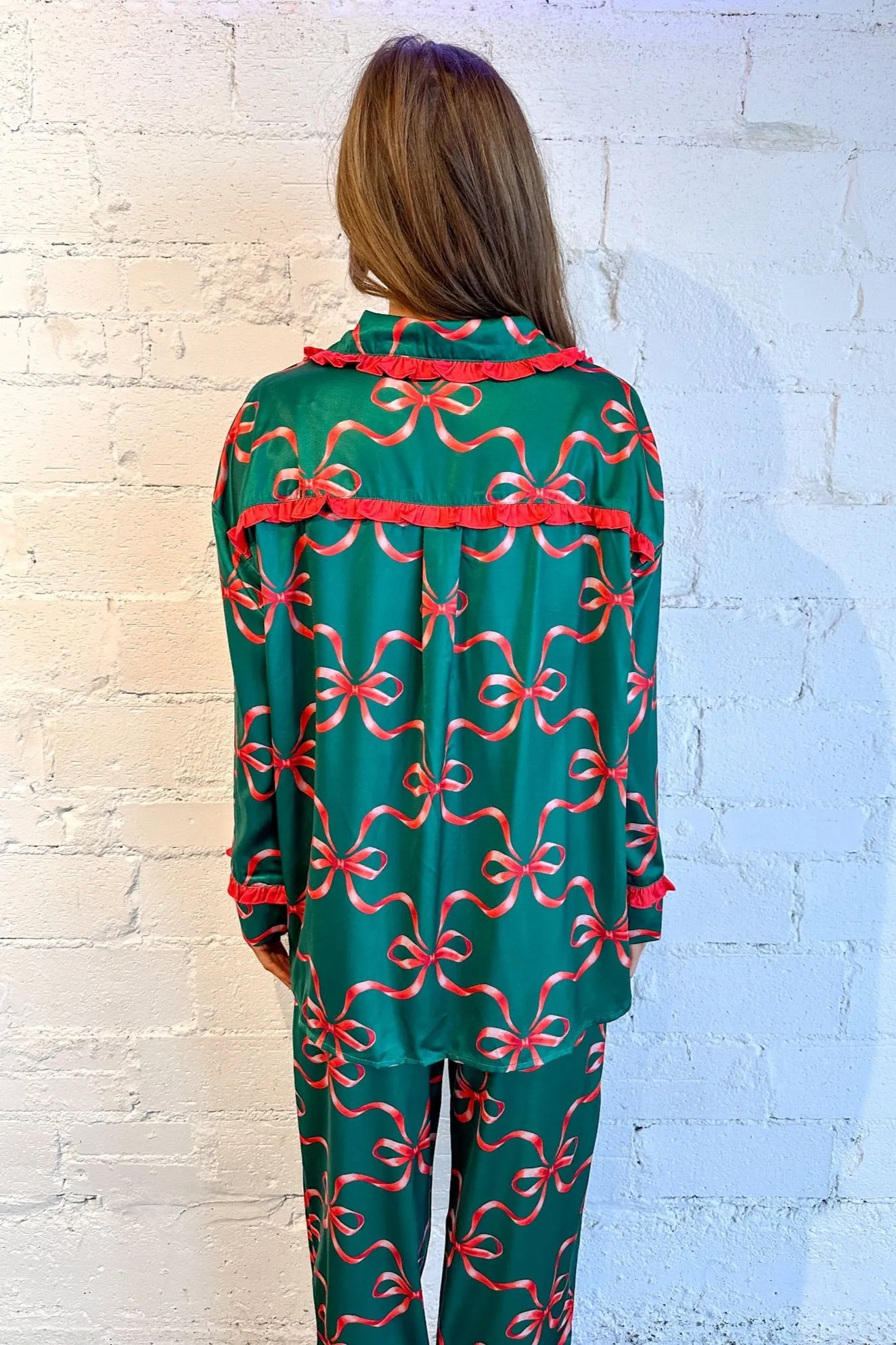 Holiday Bow Print Silky Pajama Top