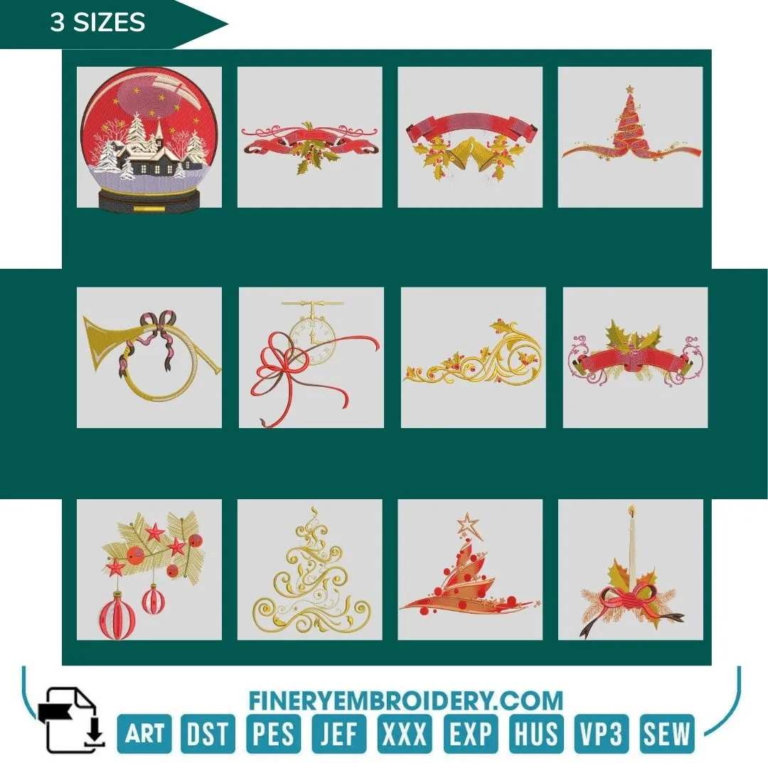 Holiday Decorations Embroidery Design Pack – 12 Festive designs - 3 Sizes