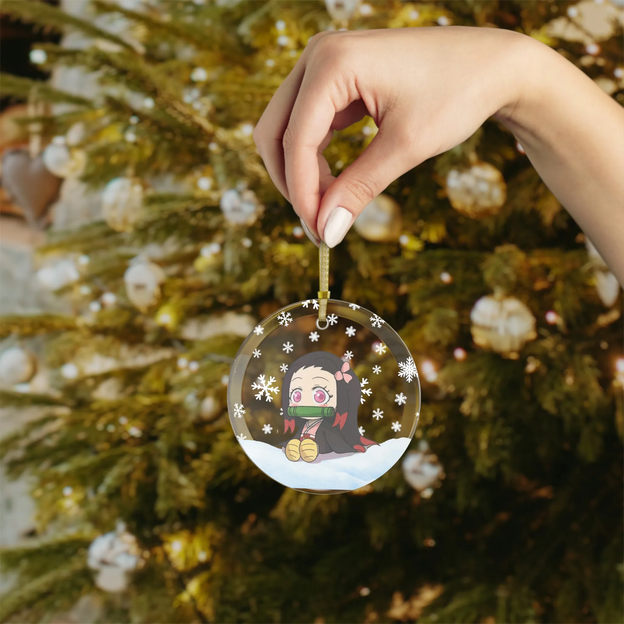 Kawaii Anime Glass Ornament -Charming Anime Decoration with Golden Ribbon