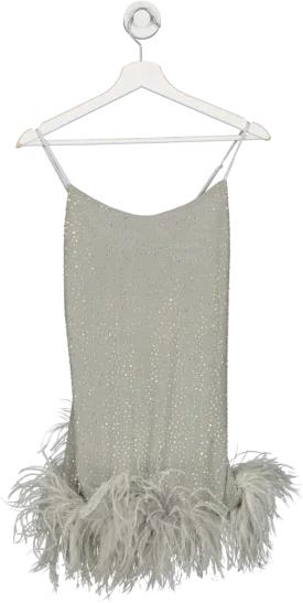 Leslie Amon Grey Laurie Feather Trimmed Rhinestone Crepe Mini Dress UK S