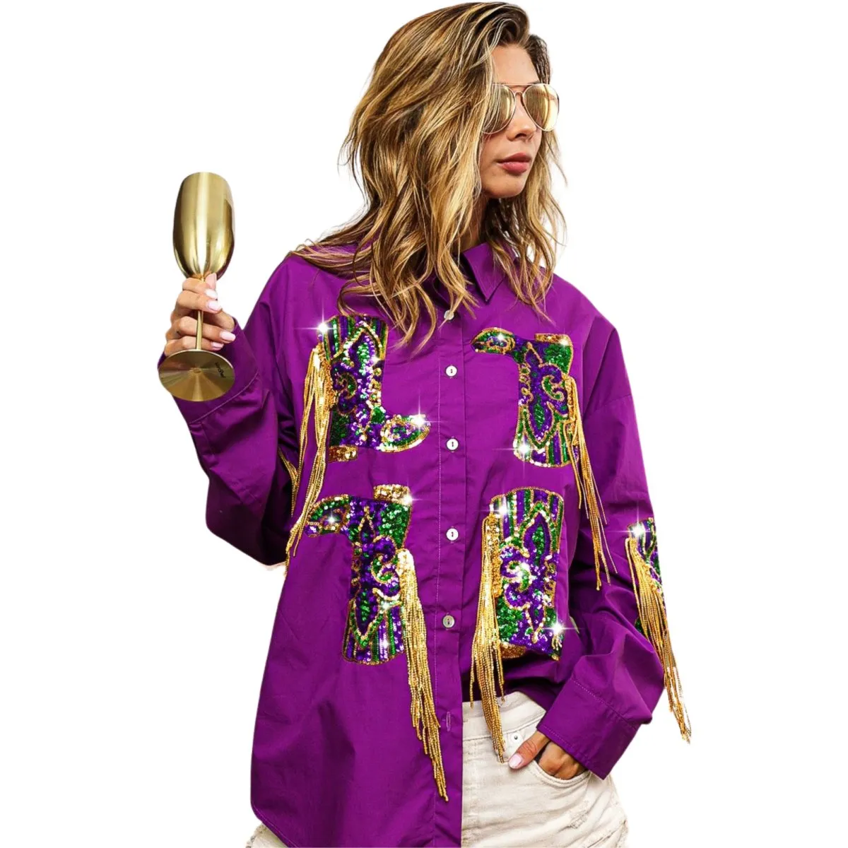 Mardi Gras Sequin Boots Embroidery Shirt