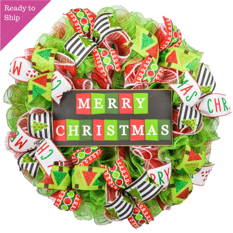 Merry Christmas Wreath - Bright Holiday Decoration Front Door Wreaths - Red Green White Sparkle
